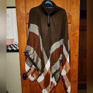 Ellie & Kate Mocha Knit Chevron Fringed Turtleneck Poncho-NWT